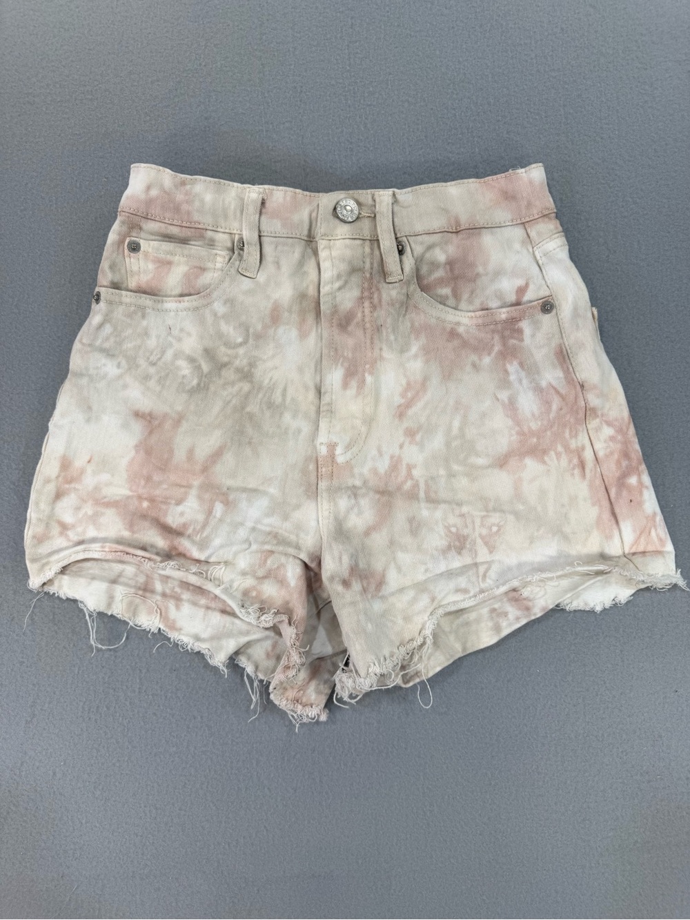 BBJ Los Angeles High-Rise Distressed Tie-Dye Denim Shorts in Pink Cream